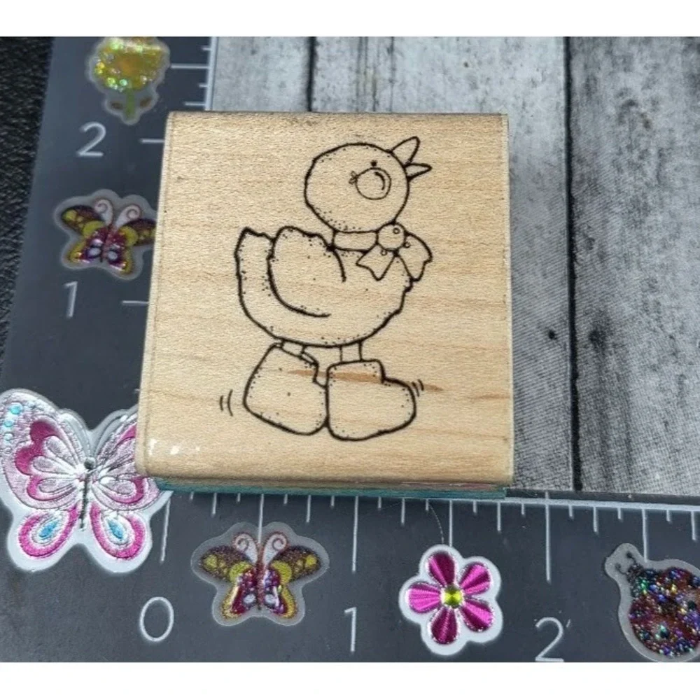 Dots Country Duck With Boots Bow Stitch Rubber Stamp Wood #076